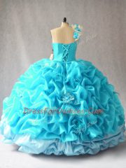 Trendy Aqua Blue Organza Lace Up One Shoulder Sleeveless Floor Length Quinceanera Gown Pick Ups and Hand Made Flower