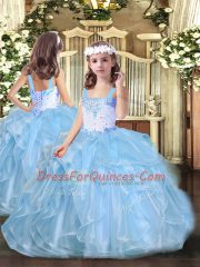 Ball Gowns Pageant Dress for Girls Baby Blue Straps Organza Sleeveless Floor Length Lace Up