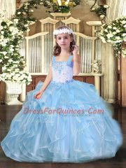 Ball Gowns Pageant Dress for Girls Baby Blue Straps Organza Sleeveless Floor Length Lace Up