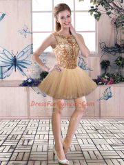 Deluxe Gold Ball Gowns Scoop Sleeveless Tulle Mini Length Backless Beading Prom Party Dress