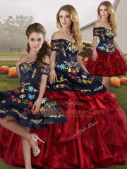 Red And Black Organza Lace Up Sweet 16 Dresses Sleeveless Floor Length Embroidery and Ruffles