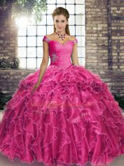 Enchanting Organza Off The Shoulder Sleeveless Brush Train Lace Up Beading and Ruffles Vestidos de Quinceanera in Fuchsia