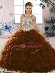 Brown Lace Up Vestidos de Quinceanera Beading and Ruffles Sleeveless Floor Length