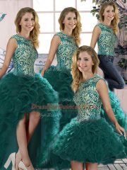 Peacock Green Ball Gowns Scoop Sleeveless Organza Floor Length Lace Up Beading and Ruffles Vestidos de Quinceanera