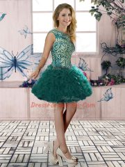 Peacock Green Ball Gowns Scoop Sleeveless Organza Floor Length Lace Up Beading and Ruffles Vestidos de Quinceanera