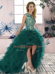 Peacock Green Ball Gowns Scoop Sleeveless Organza Floor Length Lace Up Beading and Ruffles Vestidos de Quinceanera