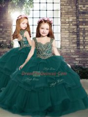 Fashion Peacock Green Ball Gowns Tulle Straps Sleeveless Beading and Ruffles Floor Length Lace Up Kids Pageant Dress