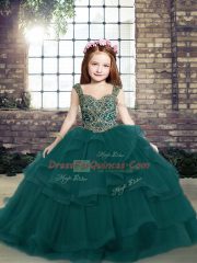 Fashion Peacock Green Ball Gowns Tulle Straps Sleeveless Beading and Ruffles Floor Length Lace Up Kids Pageant Dress
