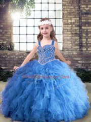 Floor Length Blue Winning Pageant Gowns Tulle Sleeveless Beading and Ruffles