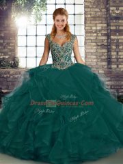 Beading and Ruffles Quinceanera Gown Peacock Green Lace Up Sleeveless Floor Length