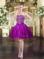New Arrival Purple Satin Lace Up Strapless Sleeveless Mini Length Homecoming Dress Beading