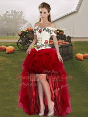 Custom Designed White And Red Sleeveless Tulle Lace Up Quince Ball Gowns for Military Ball and Sweet 16 and Quinceanera