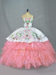 Pink Lace Up Sweet 16 Quinceanera Dress Embroidery and Ruffles Sleeveless Floor Length