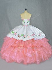 Pink Lace Up Sweet 16 Quinceanera Dress Embroidery and Ruffles Sleeveless Floor Length
