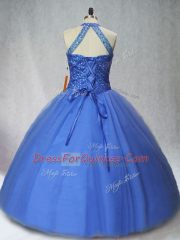 Floor Length Blue Sweet 16 Quinceanera Dress Tulle Sleeveless Beading