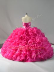 Sweetheart Sleeveless 15 Quinceanera Dress Appliques and Ruffles Hot Pink Organza