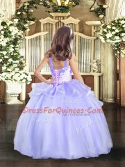 Floor Length Lace Up Little Girl Pageant Dress Lilac for Party and Sweet 16 and Wedding Party with Beading