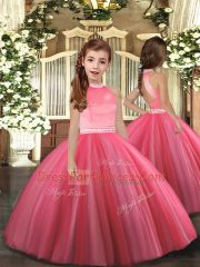 Amazing Floor Length Coral Red Pageant Dress Toddler Tulle Sleeveless Beading