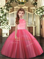 Amazing Floor Length Coral Red Pageant Dress Toddler Tulle Sleeveless Beading