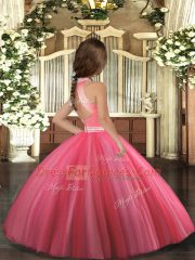 Amazing Floor Length Coral Red Pageant Dress Toddler Tulle Sleeveless Beading