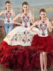 Classical Embroidery and Ruffles Quinceanera Dress White And Red Lace Up Sleeveless Floor Length