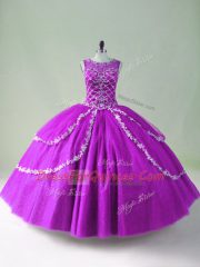 Traditional Scoop Sleeveless Tulle Quince Ball Gowns Beading and Appliques Zipper
