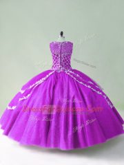Traditional Scoop Sleeveless Tulle Quince Ball Gowns Beading and Appliques Zipper