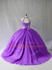 High Quality Purple Tulle Lace Up Sweet 16 Quinceanera Dress Sleeveless Floor Length Beading