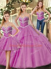 Pretty Floor Length Lace Up Ball Gown Prom Dress Lilac for Sweet 16 and Quinceanera with Beading