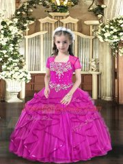 Sleeveless Floor Length Beading Lace Up Pageant Dress for Girls with Fuchsia