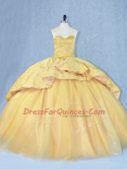 Gold Sequined Lace Up 15th Birthday Dress Court Train Beading and Appliques