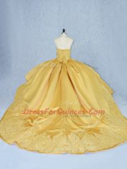 Gold Sequined Lace Up 15th Birthday Dress Court Train Beading and Appliques