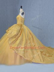 Gold Sequined Lace Up 15th Birthday Dress Court Train Beading and Appliques
