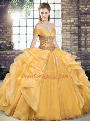Romantic Gold Off The Shoulder Lace Up Beading and Ruffles Quinceanera Gown Sleeveless