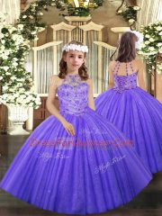 Lavender Tulle Lace Up Little Girl Pageant Gowns Sleeveless Floor Length Beading and Ruffles