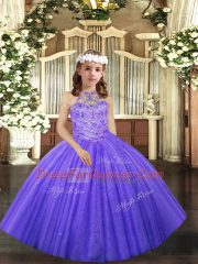 Lavender Tulle Lace Up Little Girl Pageant Gowns Sleeveless Floor Length Beading and Ruffles