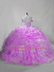 Sleeveless Brush Train Beading and Ruffles and Pick Ups Lace Up Quince Ball Gowns
