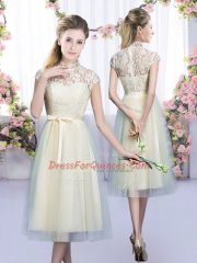 Fashion Champagne Empire High-neck Cap Sleeves Tulle Tea Length Zipper Lace and Bowknot Damas Dress