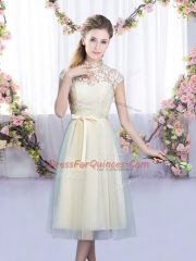 Fashion Champagne Empire High-neck Cap Sleeves Tulle Tea Length Zipper Lace and Bowknot Damas Dress