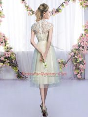 Fashion Champagne Empire High-neck Cap Sleeves Tulle Tea Length Zipper Lace and Bowknot Damas Dress