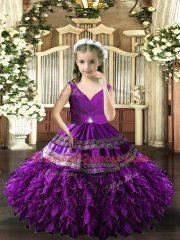 Eggplant Purple Sleeveless Beading and Appliques and Ruffles and Ruching Floor Length Little Girls Pageant Gowns