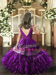 Eggplant Purple Sleeveless Beading and Appliques and Ruffles and Ruching Floor Length Little Girls Pageant Gowns