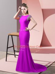 New Arrival Fuchsia Prom Evening Gown Elastic Woven Satin Brush Train Short Sleeves Beading