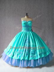 Colorful Aqua Blue Lace Up Sweetheart Embroidery 15 Quinceanera Dress Satin and Organza Sleeveless