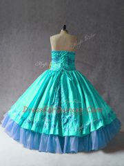 Colorful Aqua Blue Lace Up Sweetheart Embroidery 15 Quinceanera Dress Satin and Organza Sleeveless