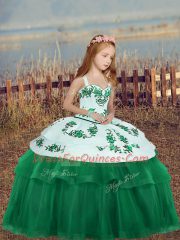 High Class Dark Green Ball Gowns Tulle Straps Sleeveless Embroidery Floor Length Lace Up Little Girls Pageant Dress