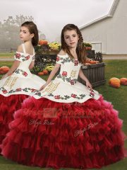 Red Lace Up Child Pageant Dress Embroidery and Ruffled Layers Sleeveless Floor Length