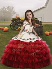 Red Lace Up Child Pageant Dress Embroidery and Ruffled Layers Sleeveless Floor Length