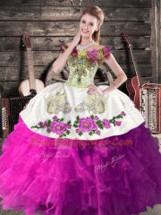 New Style White And Purple Off The Shoulder Lace Up Embroidery and Ruffles Sweet 16 Dress Sleeveless