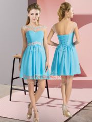 Luxurious Chiffon Bateau Cap Sleeves Lace Up Beading Quinceanera Dama Dress in Aqua Blue